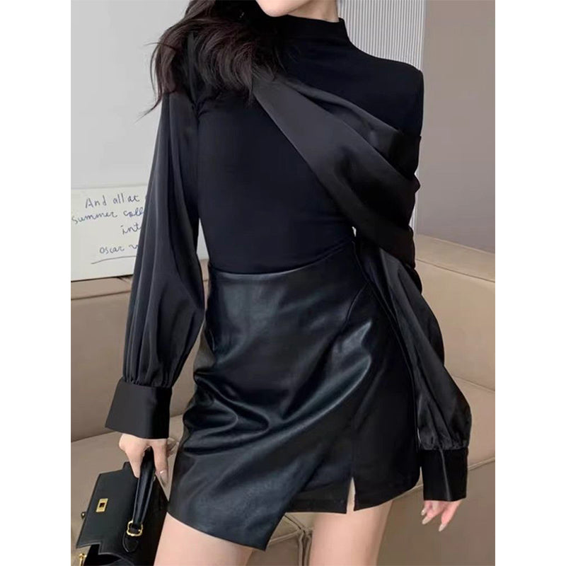 Aiertu Elegant Black Shirts Women Fashion Luxury Patchwork Blouses Office Ladies Korean Long Sleeve Slim Chic Design Tops New Aiertu