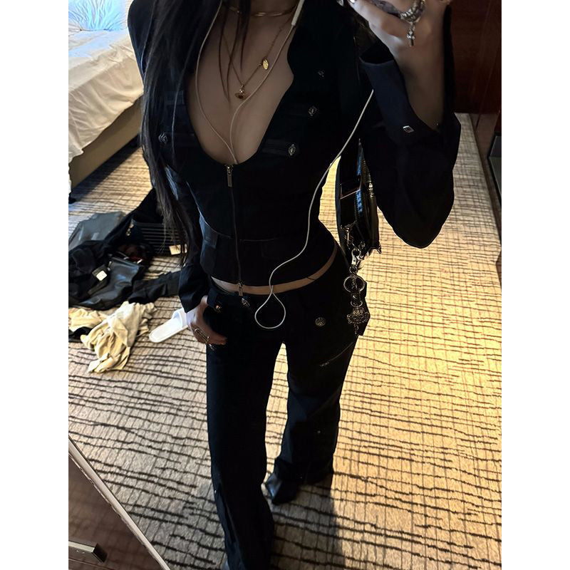 Aiertu Y2K Cropped Black Shirts Women Vintage Sexy V Neck Tunic Blouses Harajuku Gothic Aesthetic Long Sleeve Zipper Slim Tops Aiertu
