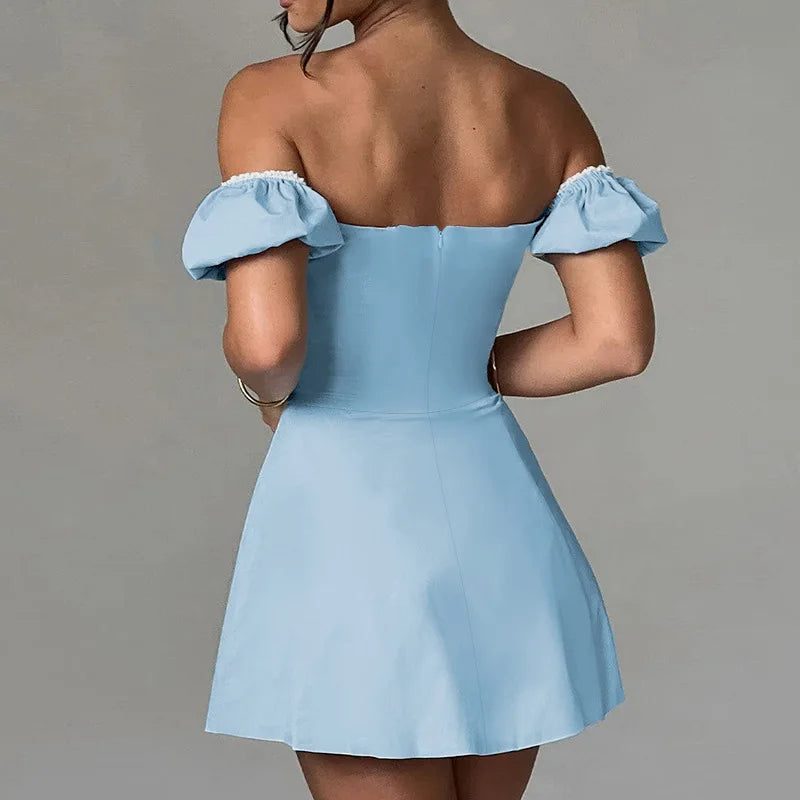 Aiertu  -  European and American women's clothing 2026 summer new one-word shoulder lace split dress sexy short dress Aiertu