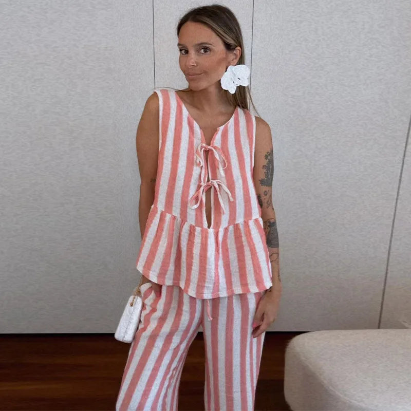 Aiertu  -  Stripe Lace Up Shirts Pant Suit Women Casual O-neck Sleeveless Hollow Out Blouse Wide Leg Trousers Summer Lady Beach Outfit Aiertu