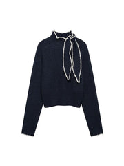 Aiertu  Women Fashion With Bow Black Pullover Knitted Sweater Vintage O-Neck Long Sleeves Female Chic Lady Tops Aiertu