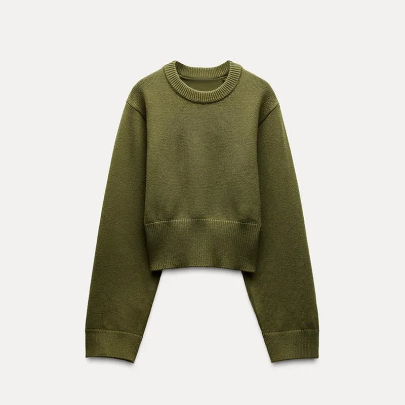 Aiertu  -  Waist Cinching Short Sweater Ribbed Wide Sleeved Knitwear Round Neck Loose Slimming Knitted Pullover Spring New Women's Clothing Aiertu