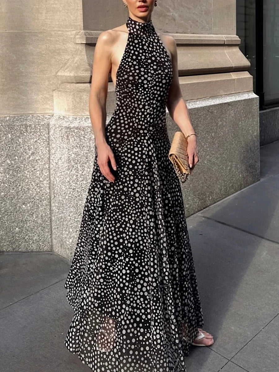 Aiertu  -  Sexy Spliced Dot Print Maxi Dress for Women Halter Neck Off Shoulder High Waist Temperament Folds Dresses Female Aiertu