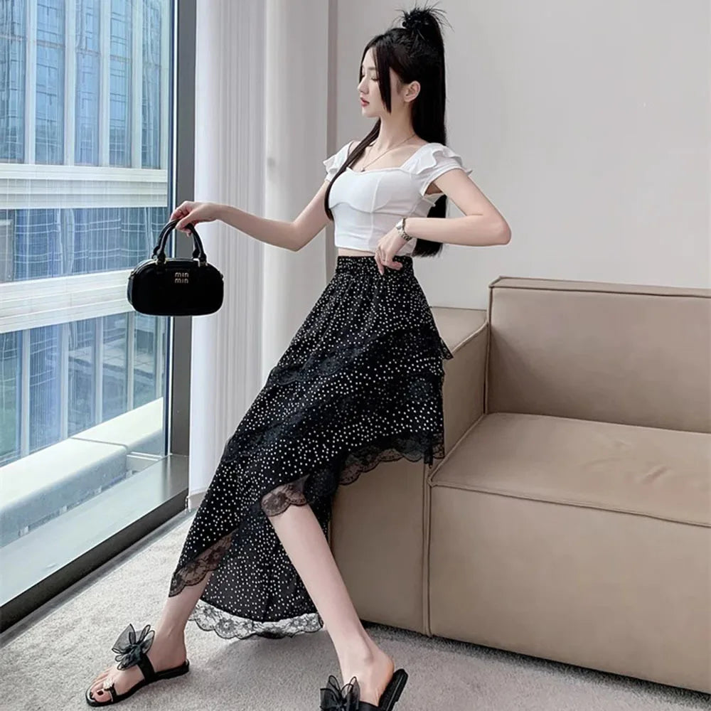 Aiertu  -  Sweet Polka Dot Skirts Y2k Aesthetic Irregular Streetwear High Waist Lace Edge Long Skirt Women Fairy Sexy Harajuku Falda Mujer Aiertu