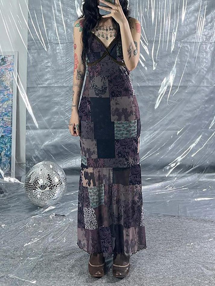 Aiertu  -Vintage Asymmetrical Print Mesh Cami Maxi Dress aiertu
