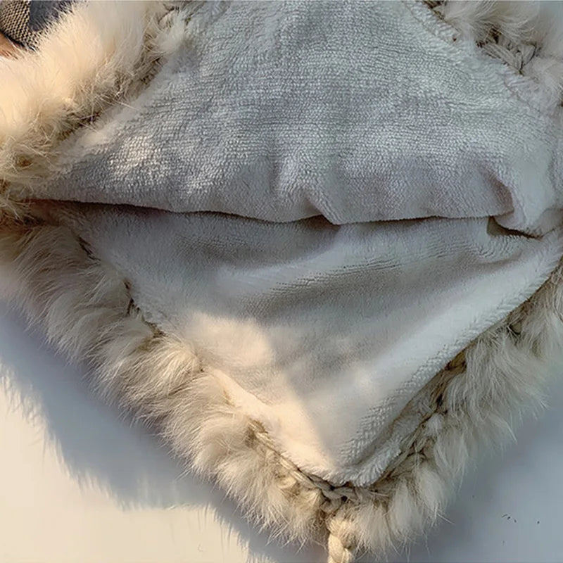 Aiertu  -  Winter Furry Knitted Hat for Women Girls Rabbit Fur Pompom Woolen Beanies Plush Thick Ear Protection Cap Windproof Skiing Bonnet Aiertu