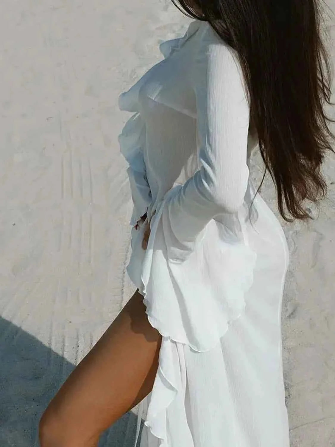 Aiertu  Ruffled Long Sleeve Cover-Up Dress Aiertu