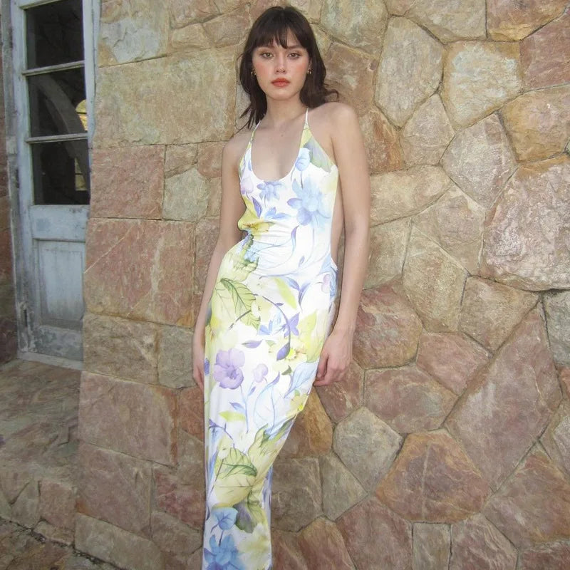 Aiertu  -   Sexy Backless Floral Print Slip Maxi Dress Beachwear Holiday Summer Sleeveless Long Dresse Robe Elegant Outfits Aiertu