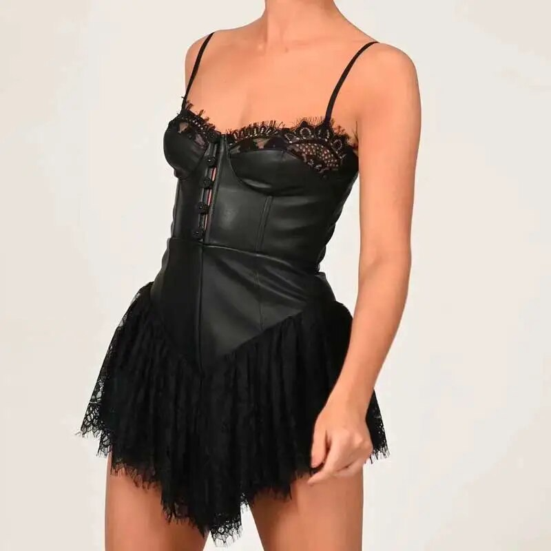 Aiertu - Sexy Solid White Stitching Lace Bra Corset style Spaghetti Strap Mini Dress Women Backless Party Skater Short Sling Robe Aiertu