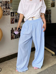 Aiertu  -  Blue Stripe Pants Women Y2k Fake Two Piece Wide Leg Sweatpants Baggy Kpop Sport Trousers Hip Hop Harajuku Summer Bottoms Aiertu