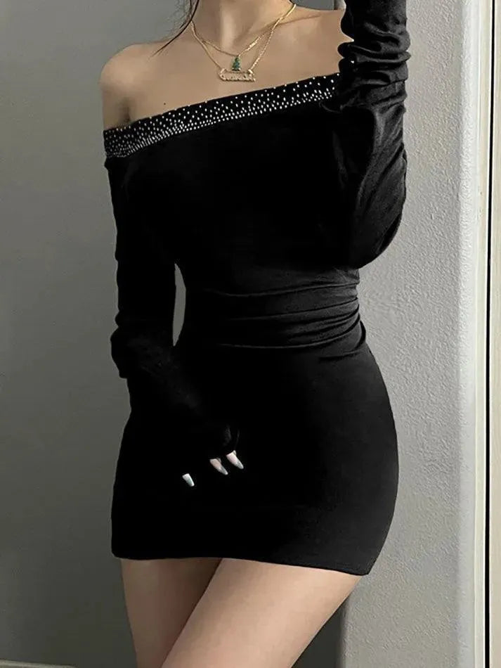 Aiertu  -Rhinestone Off-Shoulder Ruched Long Sleeve Mini Dress aiertu