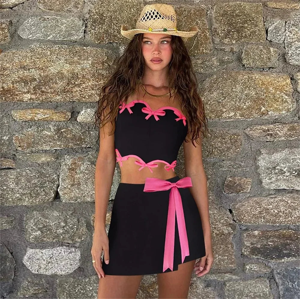 Aiertu  -  2Pcs Retro One Piece Swimsuit Sexy Women Bikinis 2025 Hollow Swimwear Bow Tie Swim Suits Biquini Female Bodysuit Beach Outfits Aiertu