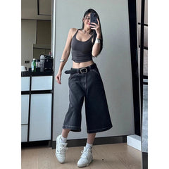 Aiertu  Women's Vintage Loose Wide Leg Street Denim Cropped Pants Summer Cargo Shorts Young Girl Casual Bottom Female Calf-length Pants Aiertu