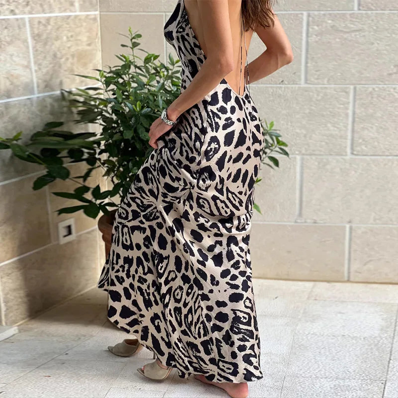 Aiertu  -  Leopard Dress Sexy Backless Dress Fashion Holiday Outfits Summer Maxi Dress Open Back Long One-piece Dress Gown Party Dresses Aiertu