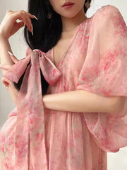 Aiertu  -  French Vintage Style Floral V-neck Dress Women's Summer Pure Sexy Loose A-line Long Dress Fashion Female Clothes Aiertu