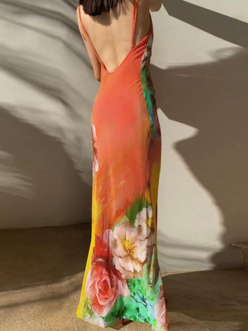 Aiertu  -  2026 Summer Sexy Backless Flower Printed Long Slip Dress Streetwear Women's Sleeveless High Waist Bodycon Holiday Party Dresses Aiertu