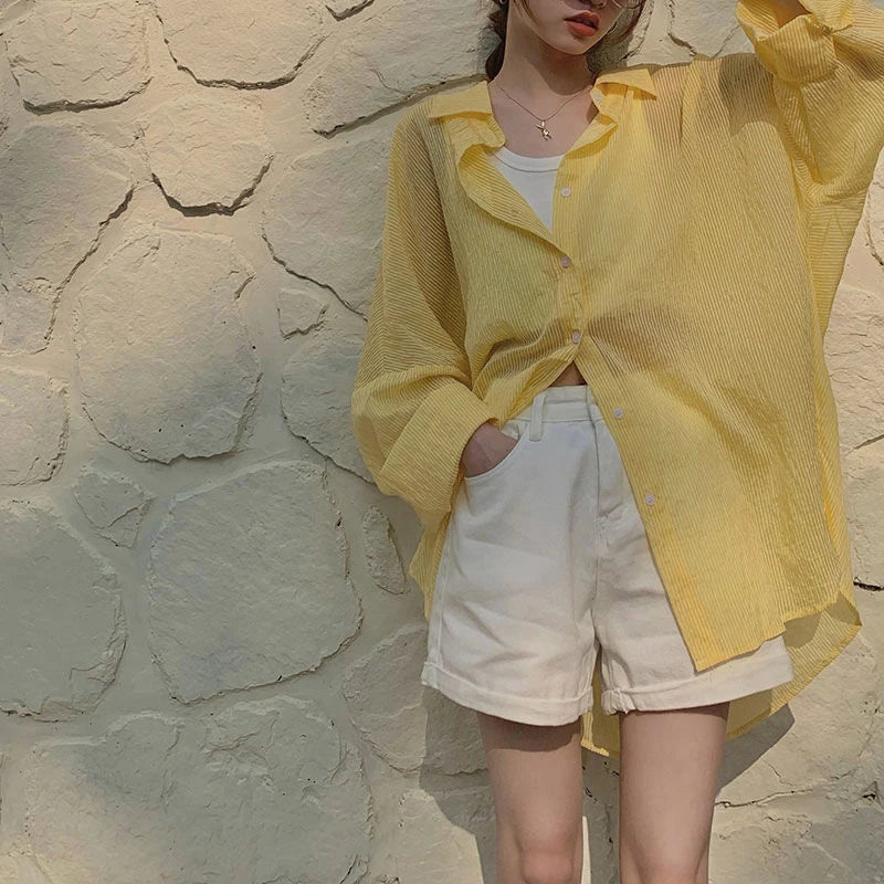 Aiertu Striped Sun Proof Shirts Women Korean Oversized Sunscreen Blouses Summer Streetwear Long Sleeve Casual Sun Protection Top Aiertu