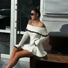 Aiertu  -  Autumn Off The Shoulder Sweater Dress 2026 Elegant Long Sleeve Knitted Dress Sexy Causal Warm White Dress Women Aiertu