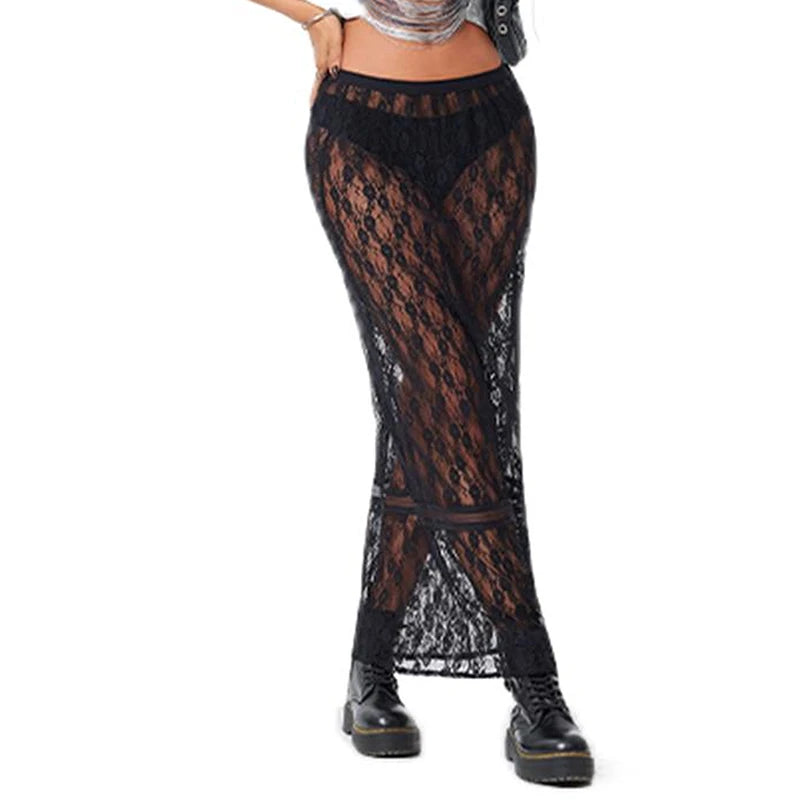 Aiertu     -  Fall Outfits 2026 Sexy See-Through Lace Sheer Maxi Skirt Women Low Waist Transparent Long Skirt Music Club Party Fairy Coquette Cover-up Skirt Aiertu