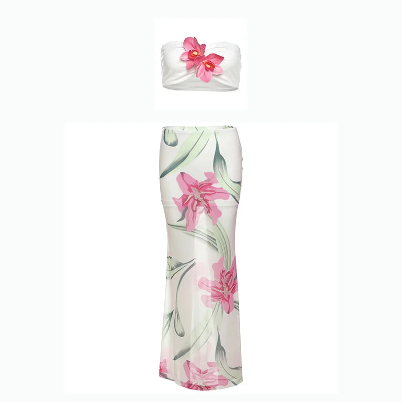 Aiertu  -  Vacation Pretty Women Two-Piece Set 3d Flowers Bandeau Mini Top+See Through Print Bottoms Beach Party Matching Suits Aiertu