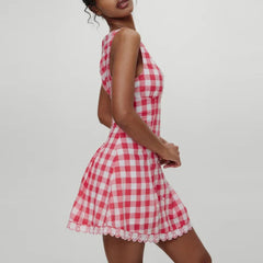Aiertu  -  Check Slimming Mini Dresses for Women V Neck Sleeveless High Waist Temperament Mini Dress Female Aiertu