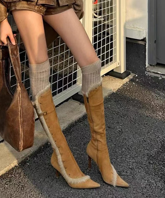 Aiertu  Fine Splicing Stiletto Boots Yellow Suede Fuzzy Wool Lined Pointed Toe Aiertu