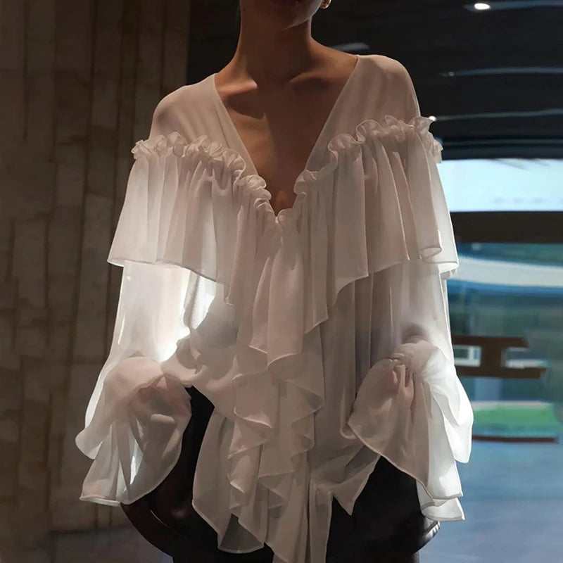 Aiertu  -  Fashion Women's Ruffle Shirts Loose V-neck Long Lantern Sleeve Female Blouses 2025 Spring Summer Lady Sexy See Through Shirt New Aiertu