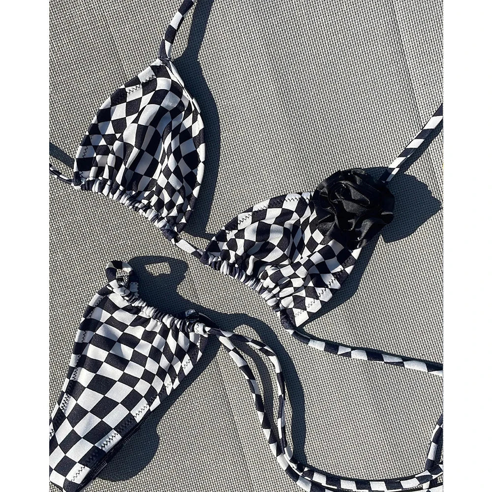 Aiertu  -  Micro Bikini Push Up Women Swimsuits Sexy Female Swimwear Checkerboard Brazilian Bikini Set Biquini Print Beachwear Aiertu