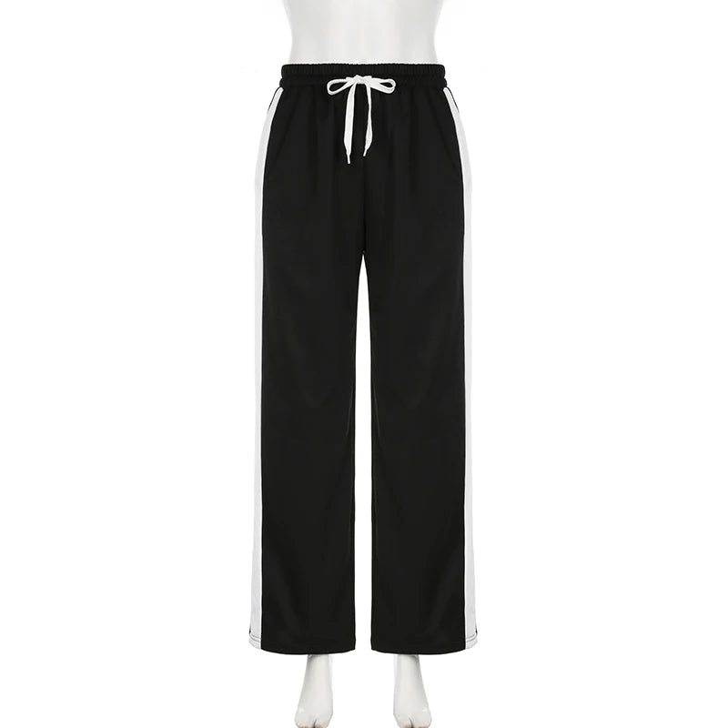 Aiertu  Streetwear Stripe Spliced Autumn Sweatpants Women Trousers Sporty Casual Elastic Waist Homewear Pants Straight Bottom Aiertu