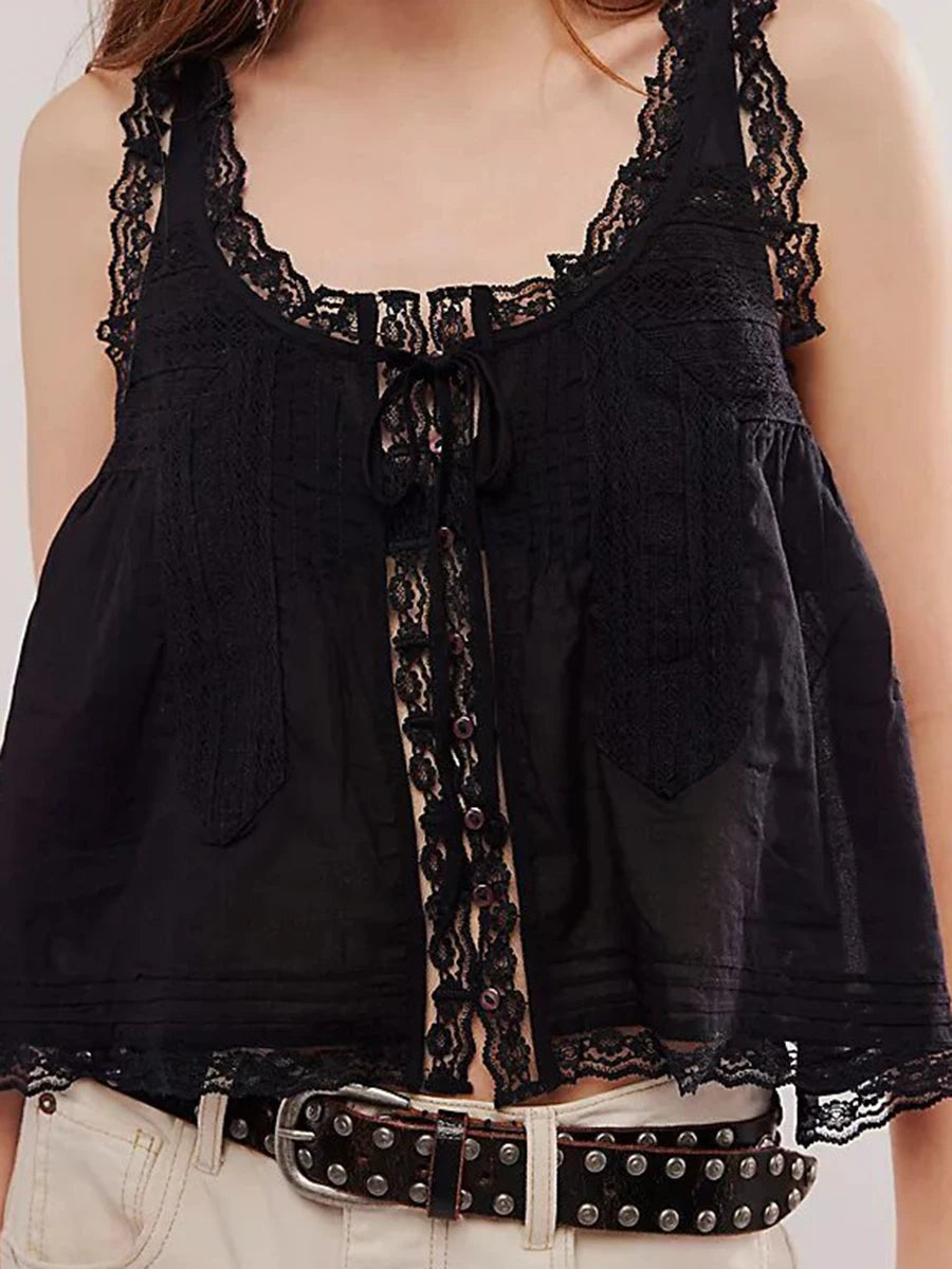 Aiertu  -  White Lace Trim Tank Top Women U Collar Single Breasted Drawstring Vest Summer Casual Fashion Hollow Out Camisole 2025 New Aiertu