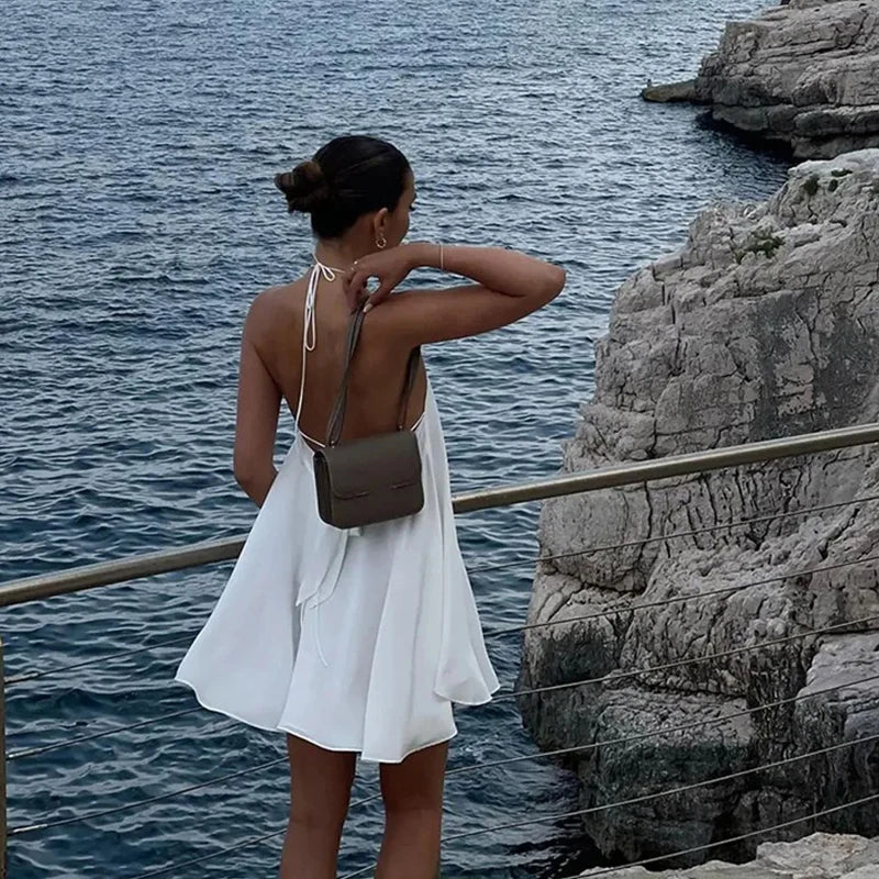 Aiertu  -  Sexy Halter Party Solid Dresses Women Sleeveless Backless Hollow Out Beach Dress Lady Dresses 2025 Summer Lady Beach Robes Aiertu