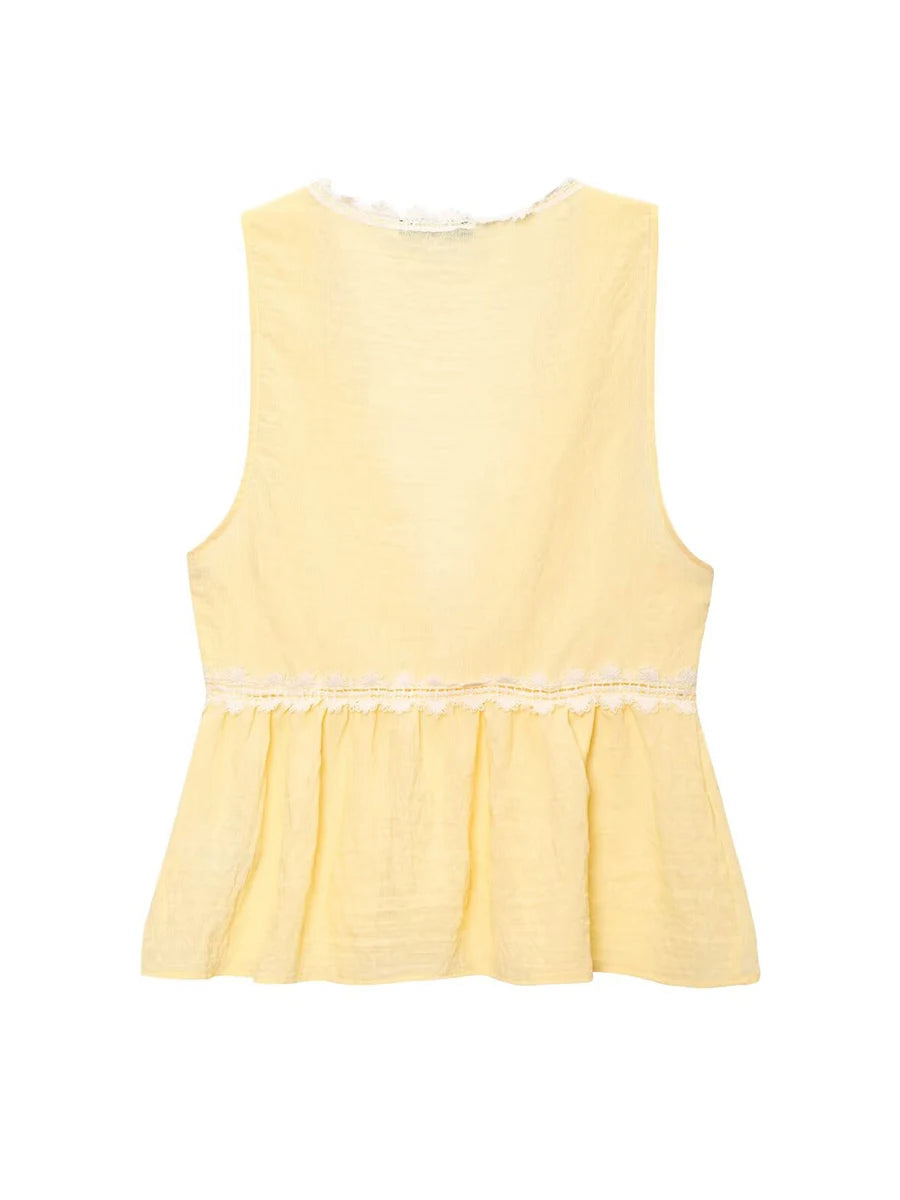 Aiertu  -  Solid Lace Trim Blend Vest Women Summer New Simple V Neck Single Breasted Tank Top Sexy Fashion Casual Sweet Sleeveless Tops Aiertu