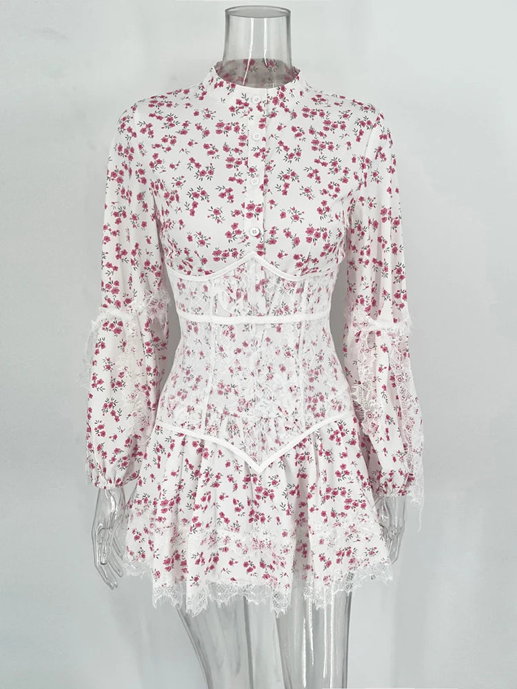 Aiertu  -  V-Neck Printed Mini Lace Dress Female Ruffled Fashion High Waist Long Sleeve Splice Contrast Slim Fit Bandage Party Dress Aiertu