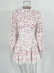 Aiertu  -  V-Neck Printed Mini Lace Dress Female Ruffled Fashion High Waist Long Sleeve Splice Contrast Slim Fit Bandage Party Dress Aiertu