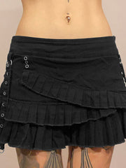Aiertu - summer inspo Punk Gothic Black Eyelet Ribbon Denim Skirt Women Low Waist Asymmetrical Tiered Pleated Short Jean Skirts Y2K Aiertu