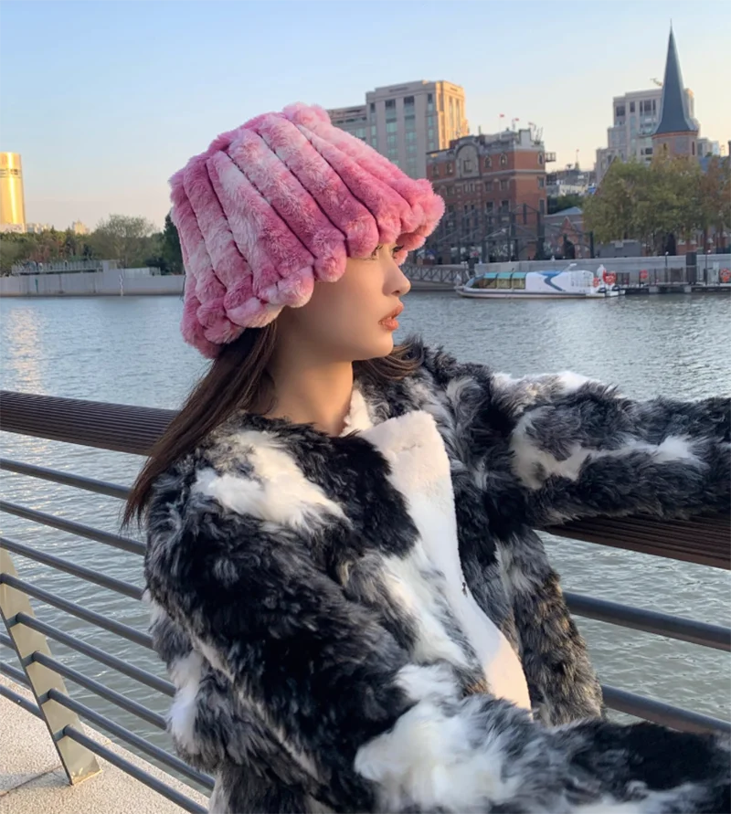 Aiertu  -  Autumn/Winter New Mixed Color Plush Lampholder Fisherman Hat Women's Korean Designer Wide Plush Bucket Hat Aiertu