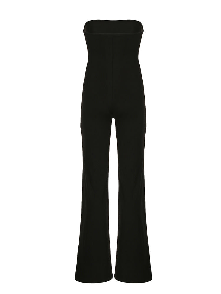 Aiertu - summer inspo Hot Black Solid Strapless Elegant Long Jumpsuits For Women Slim Wide Leg Flared Rompers Simple Fashion Vacation Overalls Aiertu