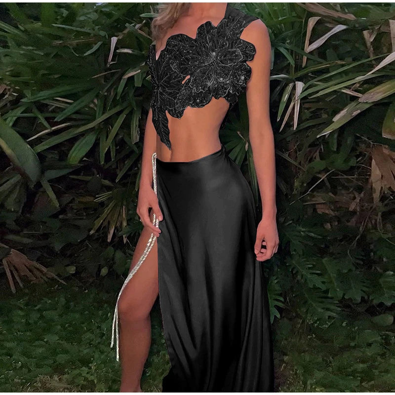 Aiertu  -  Floral Sequin Top Vest Split Half Skirt Two Piece Set Lace Up Backless Slanted Shoulder Women Sexy Blouse Solid Color Skirts Aiertu