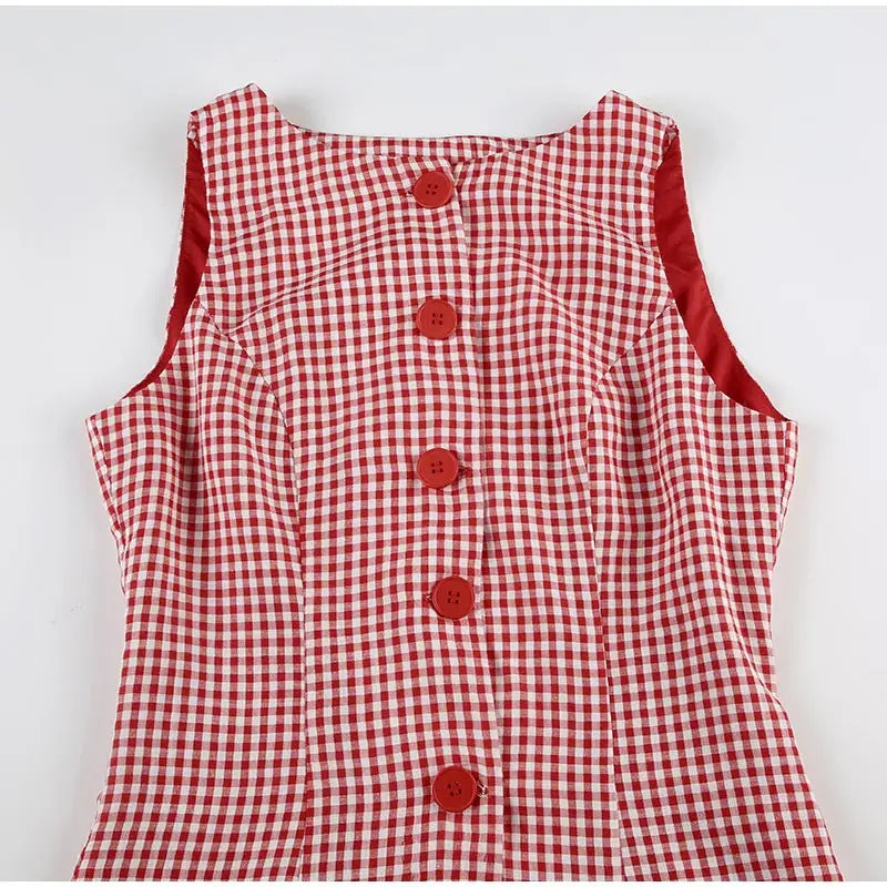 Aiertu  -  Round Neck Sleeveless Plaid Dress Woman Single Breasted Patchwork A-Line Short Dresses Casual Slim Women's Versatile Mini Dress Aiertu