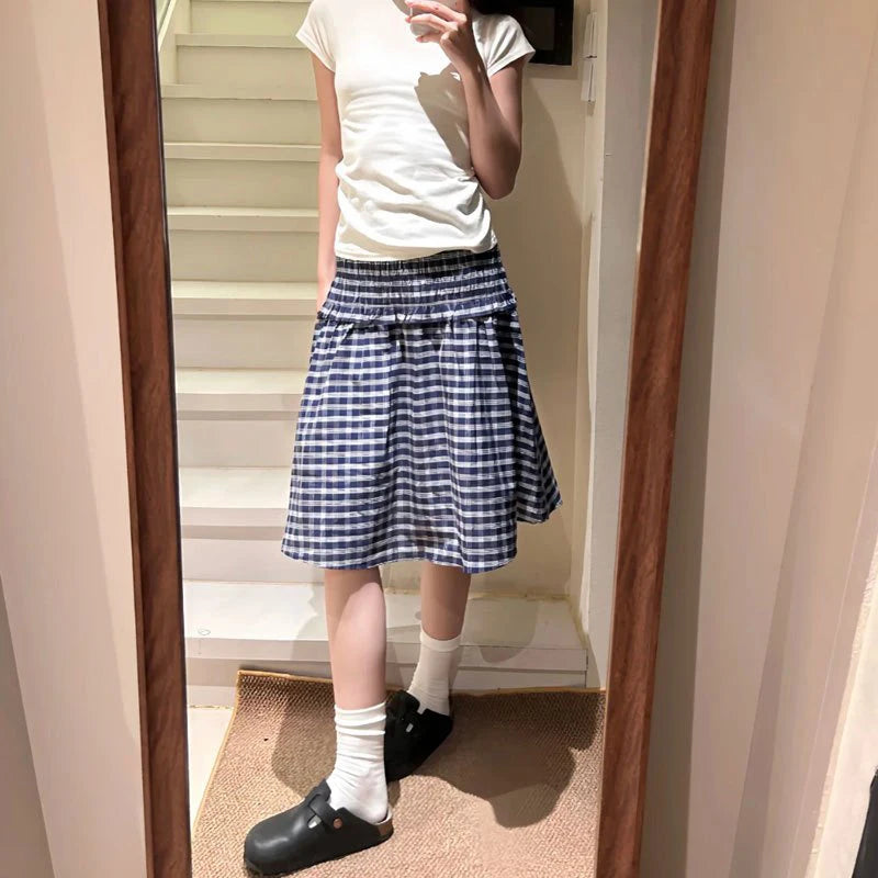 Aiertu  -  Vintage Plaid Mini Skirt Women Harajuku Aesthetic Patchwork Knee Length Skirts Summer Korean High Waist A Line Faldas New Aiertu