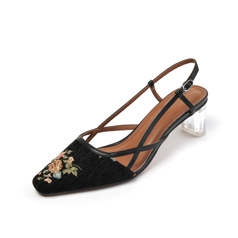 Aiertu  Retro Style Women Embroider Pumps Woman Shoes On Med Heel 5CM Lady Slingbacks Summer Shoes SquareToe Spring Atumn Patchwork Pump Aiertu