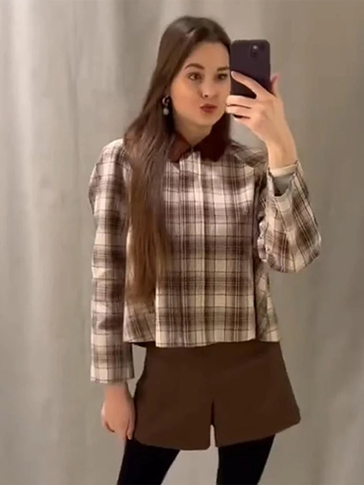 Aiertu  -  Patchwork Plaid Cape Style Jacket Coat Lapel Vintage Pocket Short Overcoat Loose Casual Fashion Temperament Women Outwear Spring Aiertu