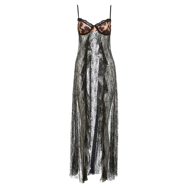 Aiertu  -  Sexy Lace Leopard Sling Dress Women Hollow Out Sleeveless Crop Dresses Female 2026 Summer Party Club Fashion Lady Streetwear Aiertu