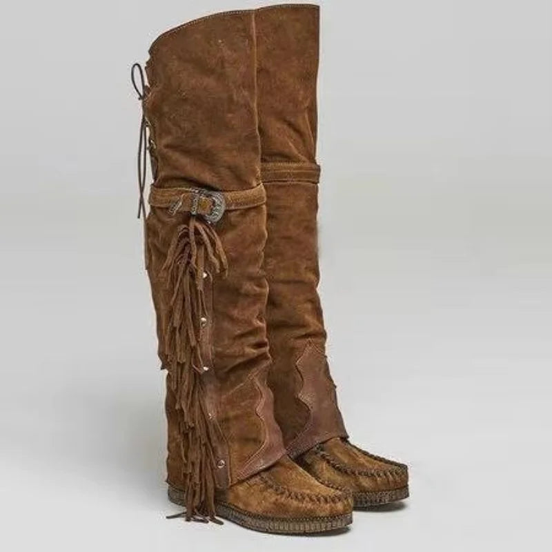 Aiertu    -  Fashion Bohemia Knee-length Women Boots Ethnic Personality High Boots Tassels Faux Suede Boots Girl Flat Bottom Long Botas Mujer Aiertu