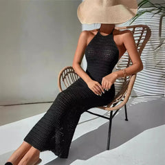 Aiertu  -  Halter Hollow Out Knit Bodycon Dress A-Line Sexy Summer Hoilday Sundress Beachwear Women Backless Maxi Dresses Chic Ladies Robe Aiertu