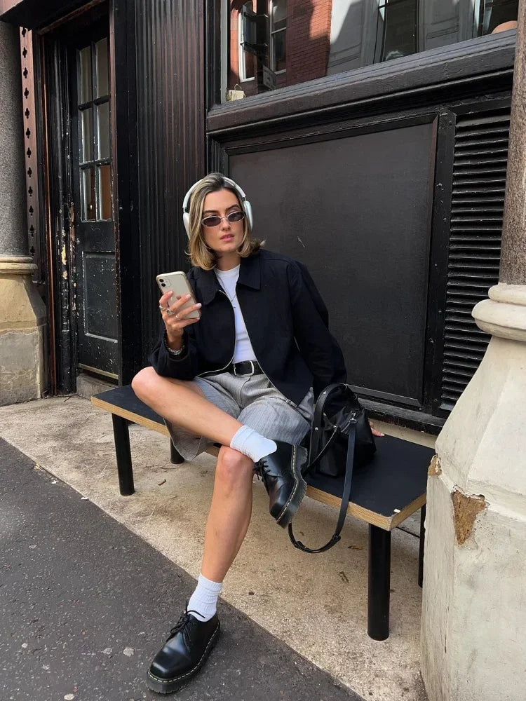 Aiertu  -  Women Chic Black Lapel Cropped Short Jacket Casual Long Sleeves Loose Coat 2026 Autumn Female Warm High Street Outerwear Aiertu
