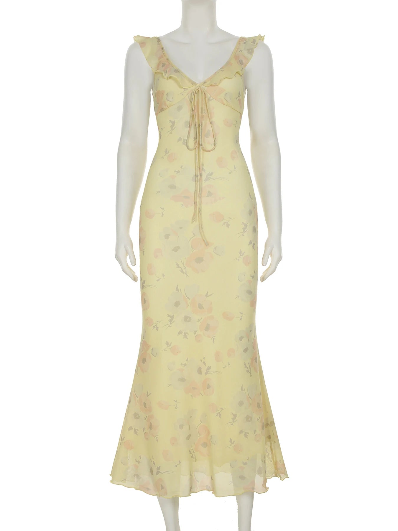 Aiertu  Holiday Ruffles Floral Trumpet Dress Slim Deep V-Neck Sleeveless Maxi Dresses For Women 2025 Summer Fashion Streetwear Aiertu
