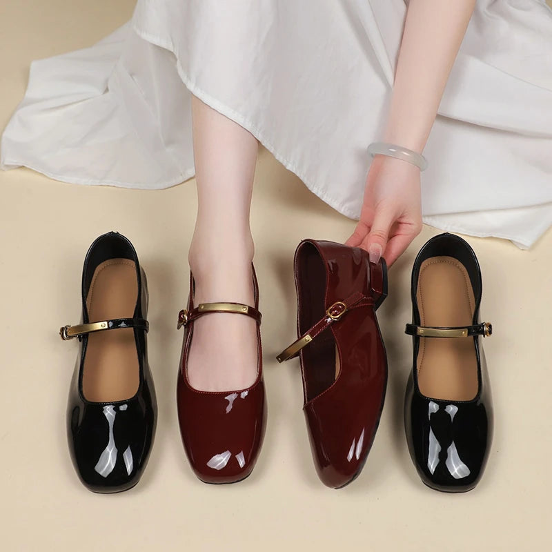 Aiertu  -  Shallow single shoes women 2025 summer new red patent leather evening style square head low heel flat Mary Jane shoes Aiertu