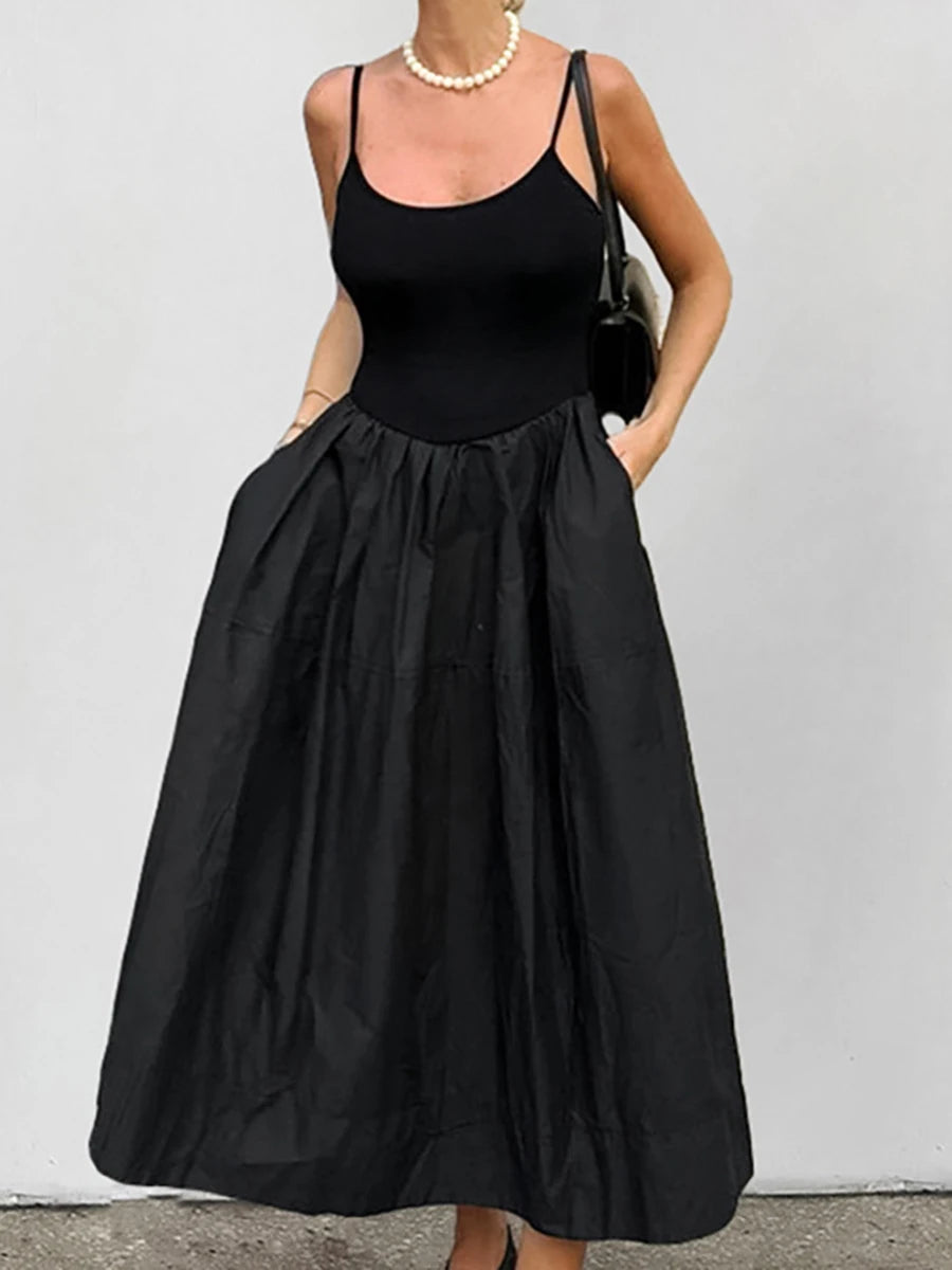 Aiertu  -  Black Elegant Suspender Long Dress Women Summer U Collar Sleeveless A-line Vestidos Vintage Fashion Simple Backless Midi Dresses Aiertu
