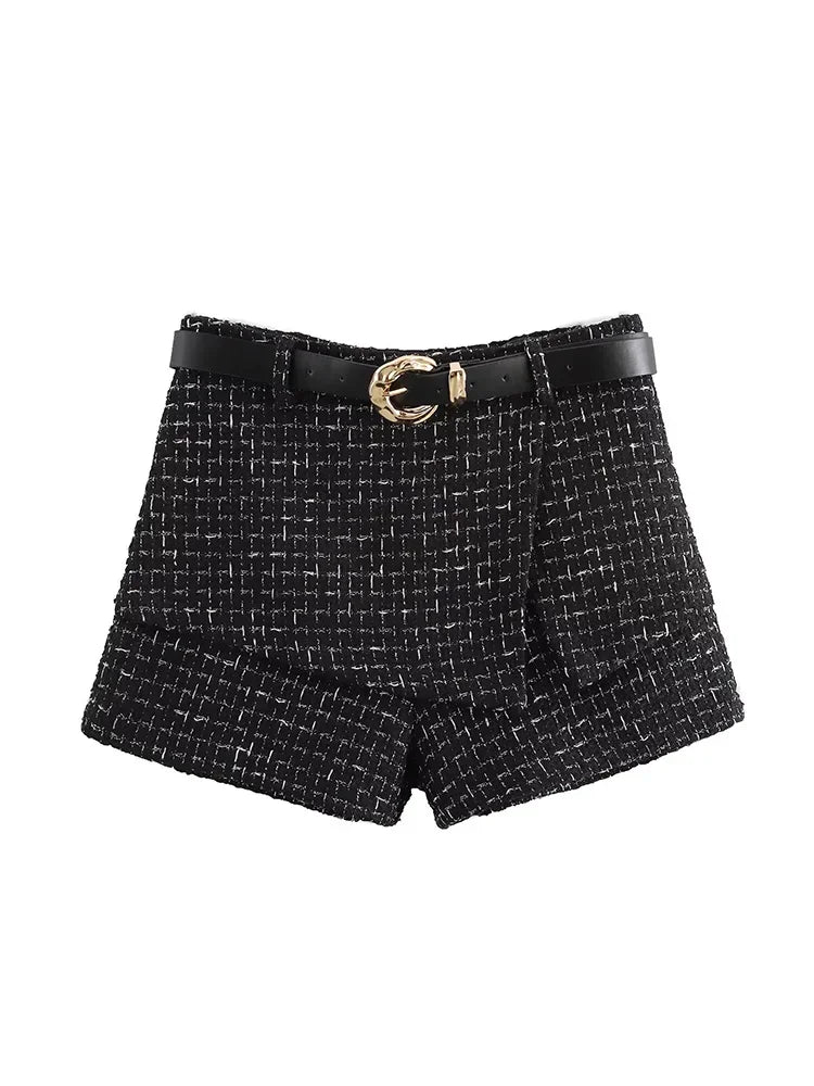 Aiertu  Women Fashion With Belt Texture Side Zipper Mini Skirts Shorts Vintage High Waist Female Chic Lady Shorts Aiertu